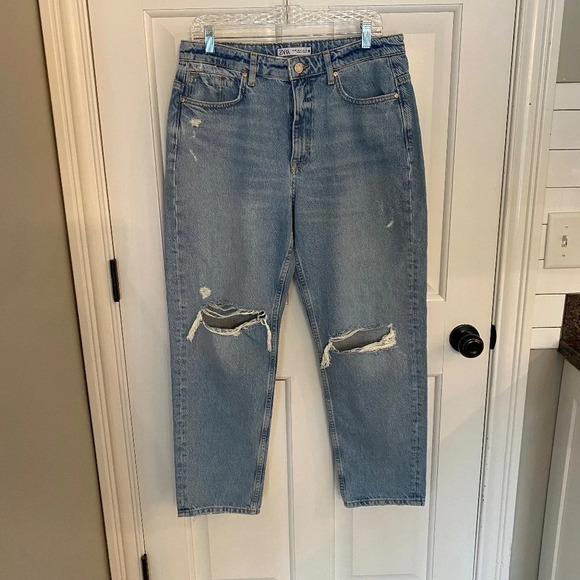 Zara High Rise Distressed Straight Leg Jeans Blue 33821 - Picture 2 of 12